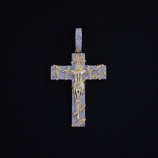 Iced Rose Crucifix Pendant - Gold