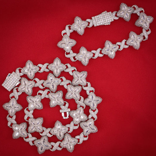 Iced Clover Link Chain + Bracelet Bundle - White Gold