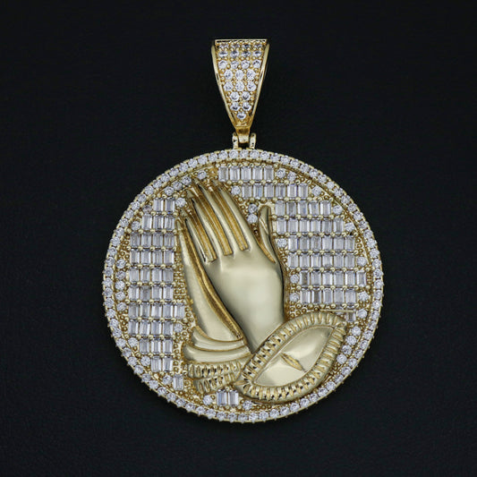 Iced Out Praying Hands Medallion Pendant - Gold