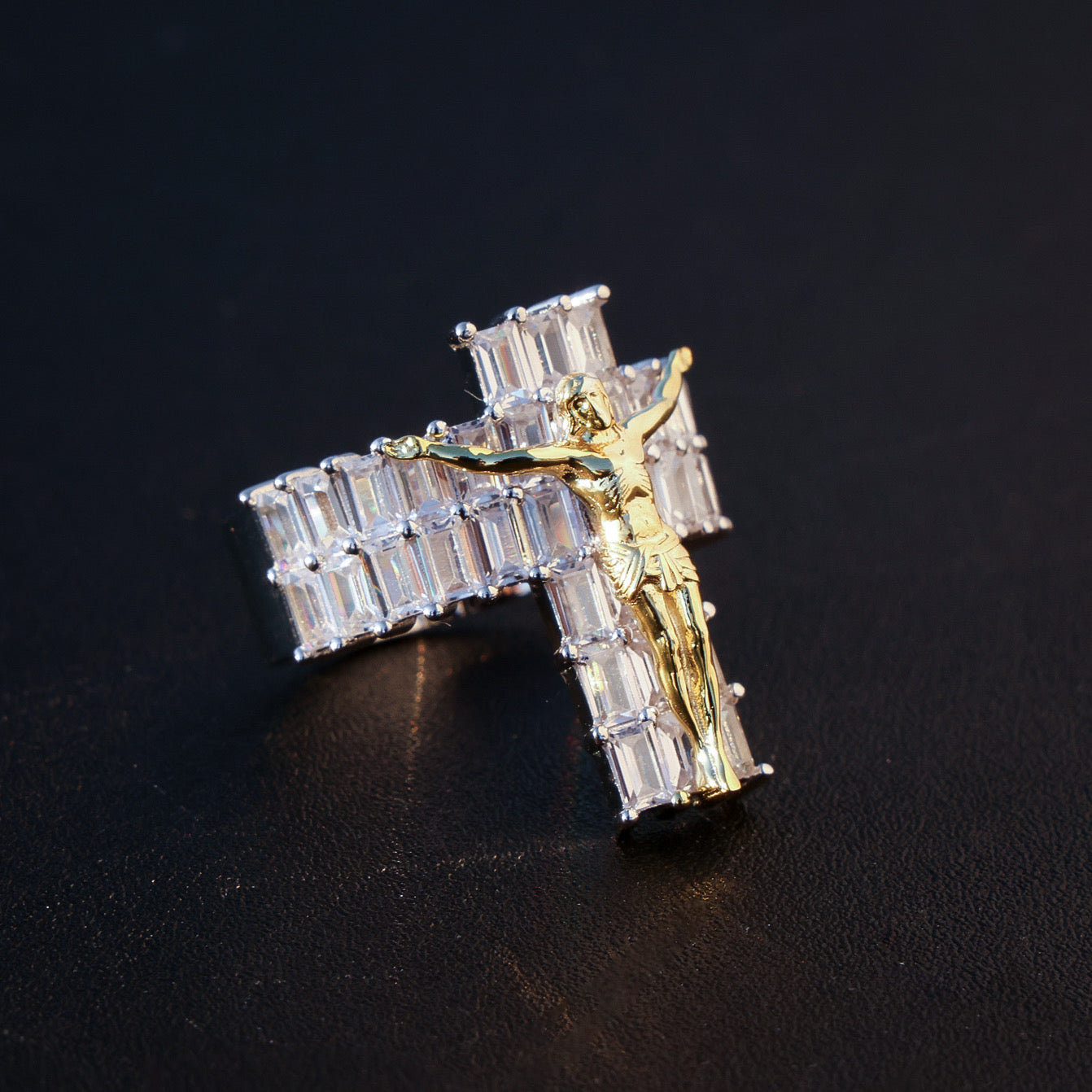 Iced Out Baguette Crucifix Ring - 925 Silver