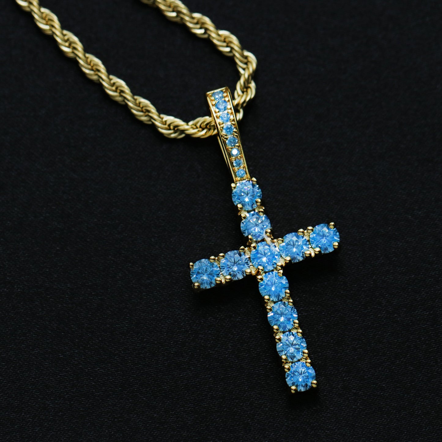 Small Blue Diamond Cross Pendant - Gold