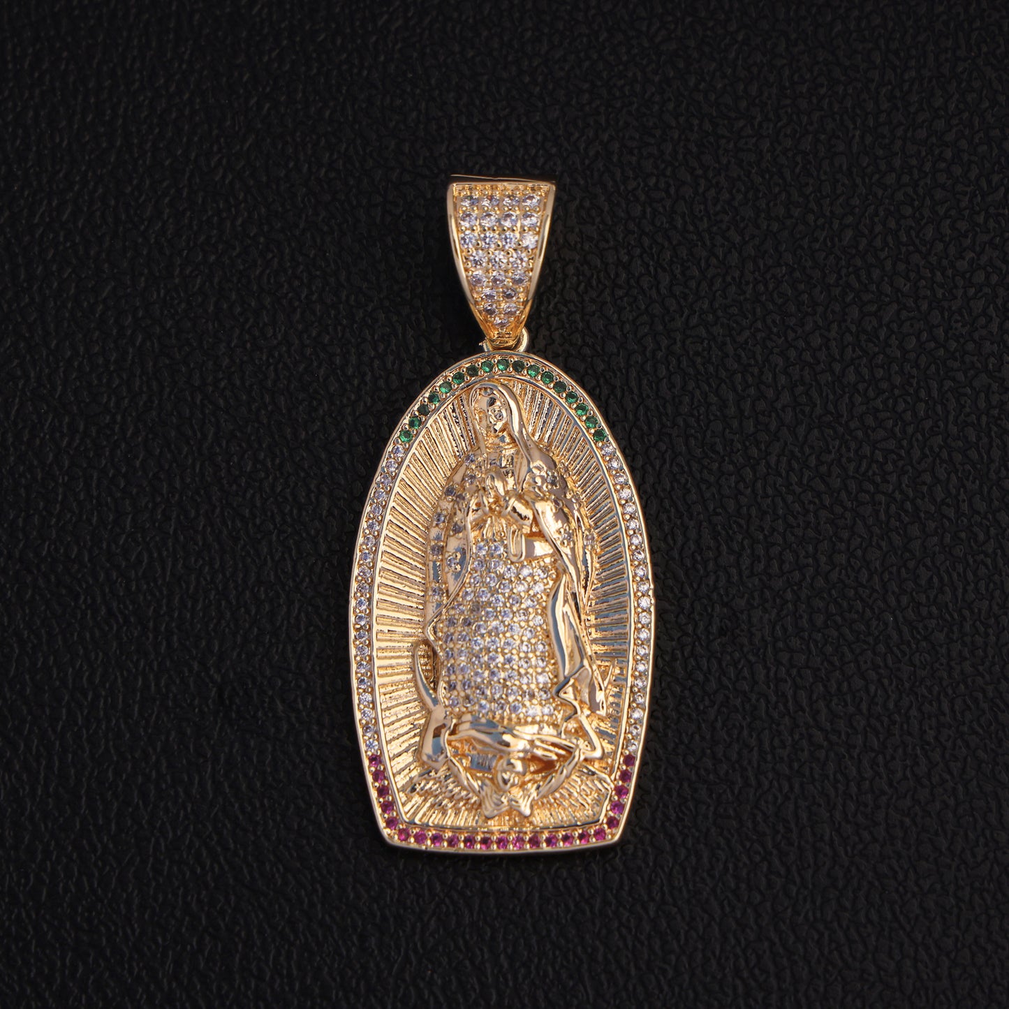 Iced Lady of Guadalupe 3 Color Stone Pendant - Gold