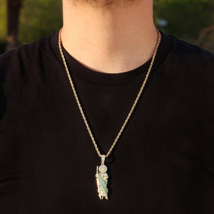 Iced San Judas with Green Diamonds Pendant - Gold