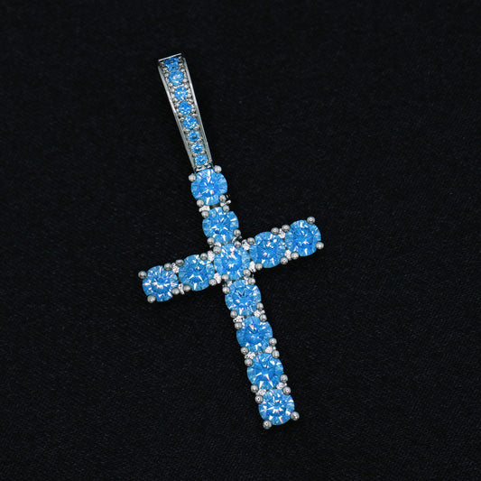 Small Blue Diamond Cross Pendant - White Gold