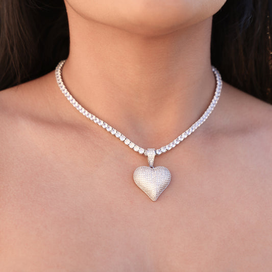 Fully Iced Out Heart Pendant Necklace - White Gold