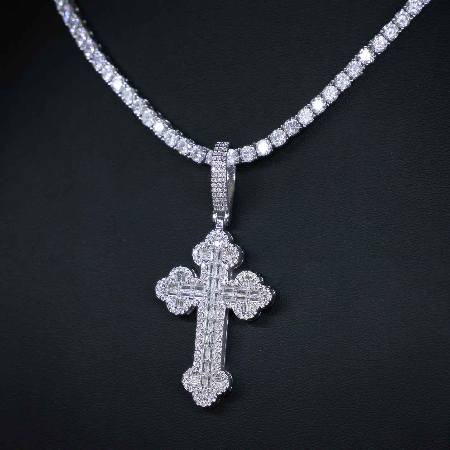 Iced Baguette Budded Cross Pendant - White Gold