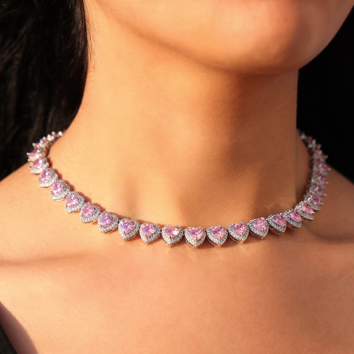 Pink Heart Diamond Clustered Tennis Necklace - White Gold