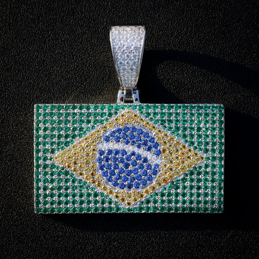 Iced Out Brazil Flag Pendant - Real 925 Silver