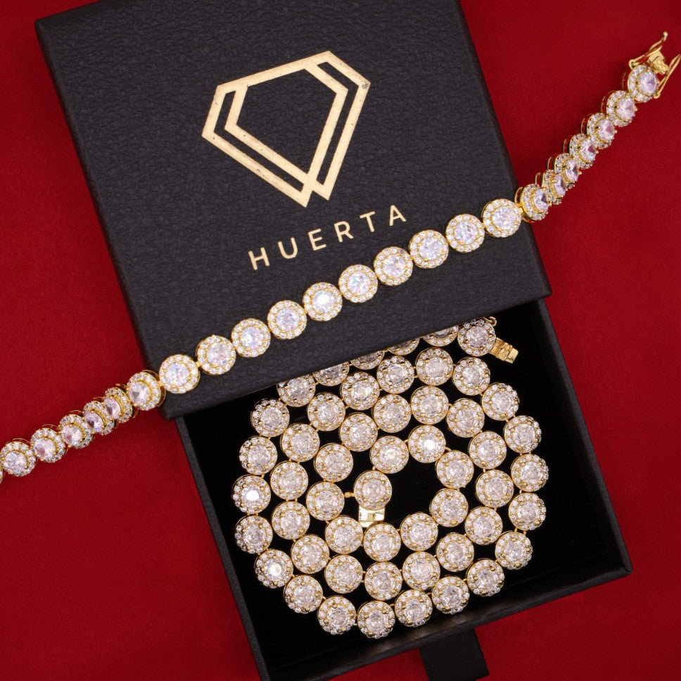8mm Round Clustered Tennis Necklace + Bracelet Bundle - Gold