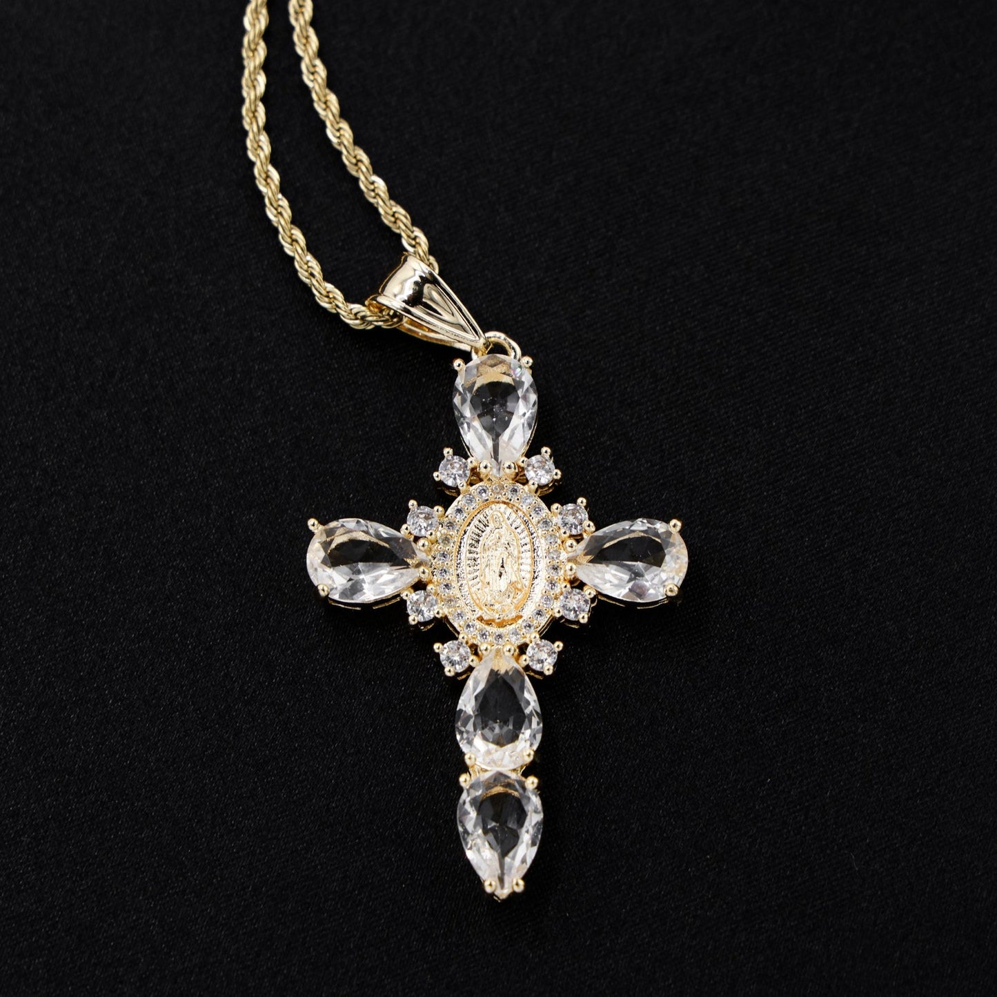 Virgin Mary Gemstone Cross Necklace - Gold