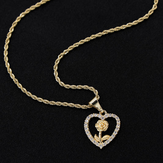 Small Iced Heart Rose Necklace - Gold