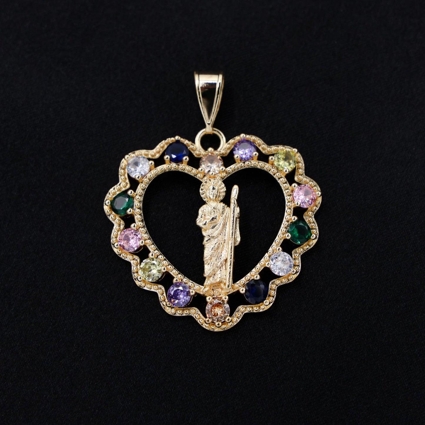 San Judas Multi Color CZ Heart Necklace - Gold