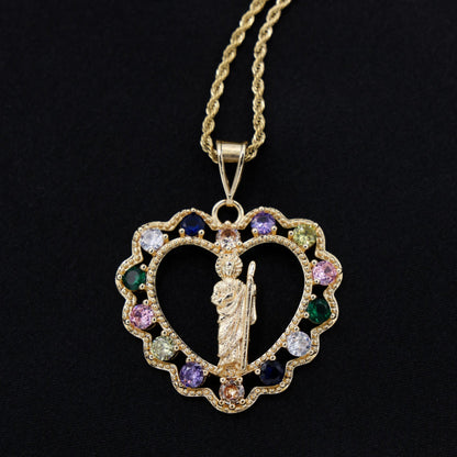 San Judas Multi Color CZ Heart Necklace - Gold