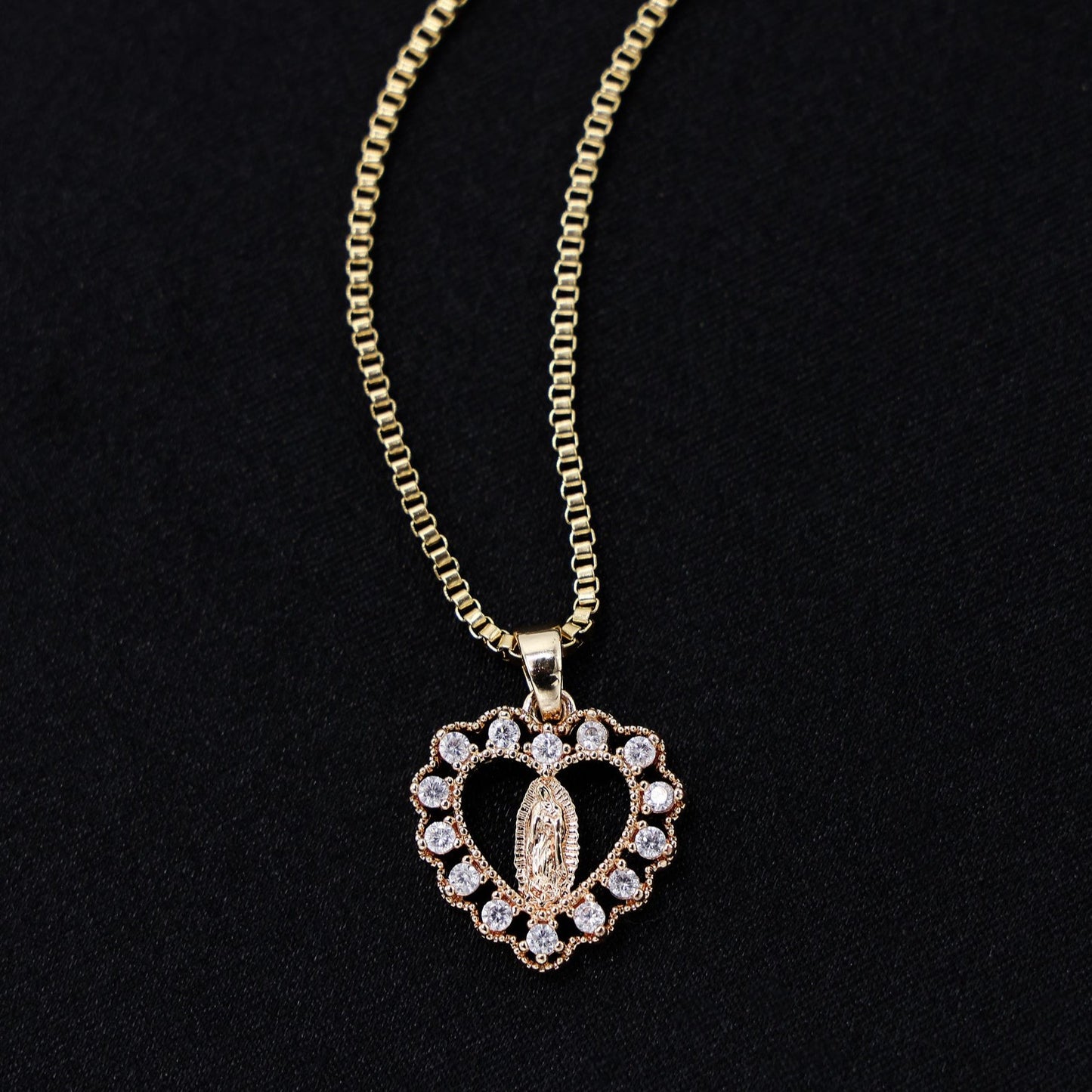 Micro Virgin Mary Heart Necklace - Gold