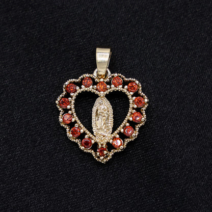 Micro Virgin Mary Red CZ Heart Necklace - Gold