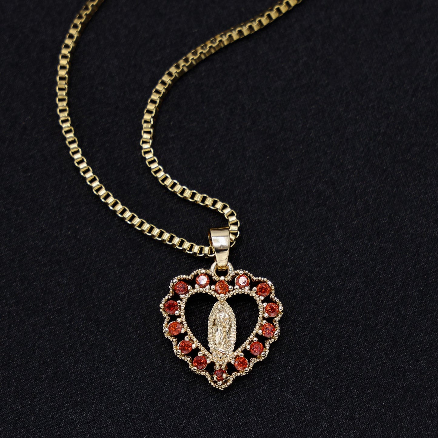 Micro Virgin Mary Red CZ Heart Necklace - Gold