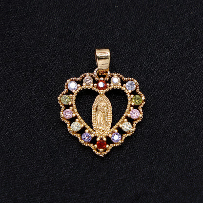 Micro Virgin Mary Multi Color CZ Heart Necklace - Gold