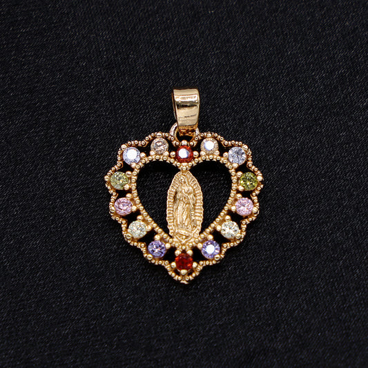 Micro Virgin Mary Multi Color CZ Heart Necklace - Gold