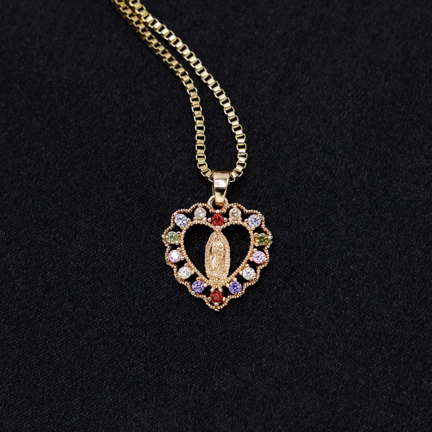 Micro Virgin Mary Multi Color CZ Heart Necklace - Gold