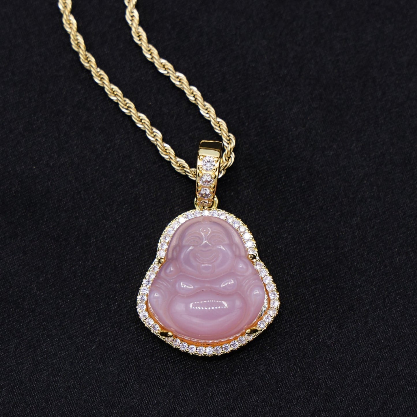 Iced Pink Buddha Necklace - Gold