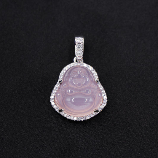 Iced Pink Buddha Necklace - White Gold