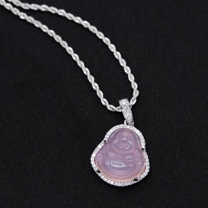 Iced Pink Buddha Necklace - White Gold