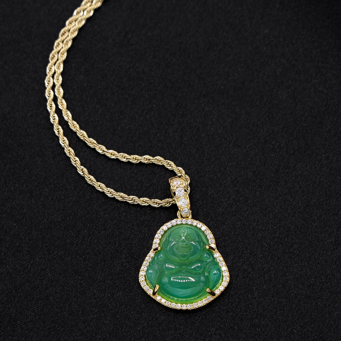 Iced Green Buddha Necklace - Gold