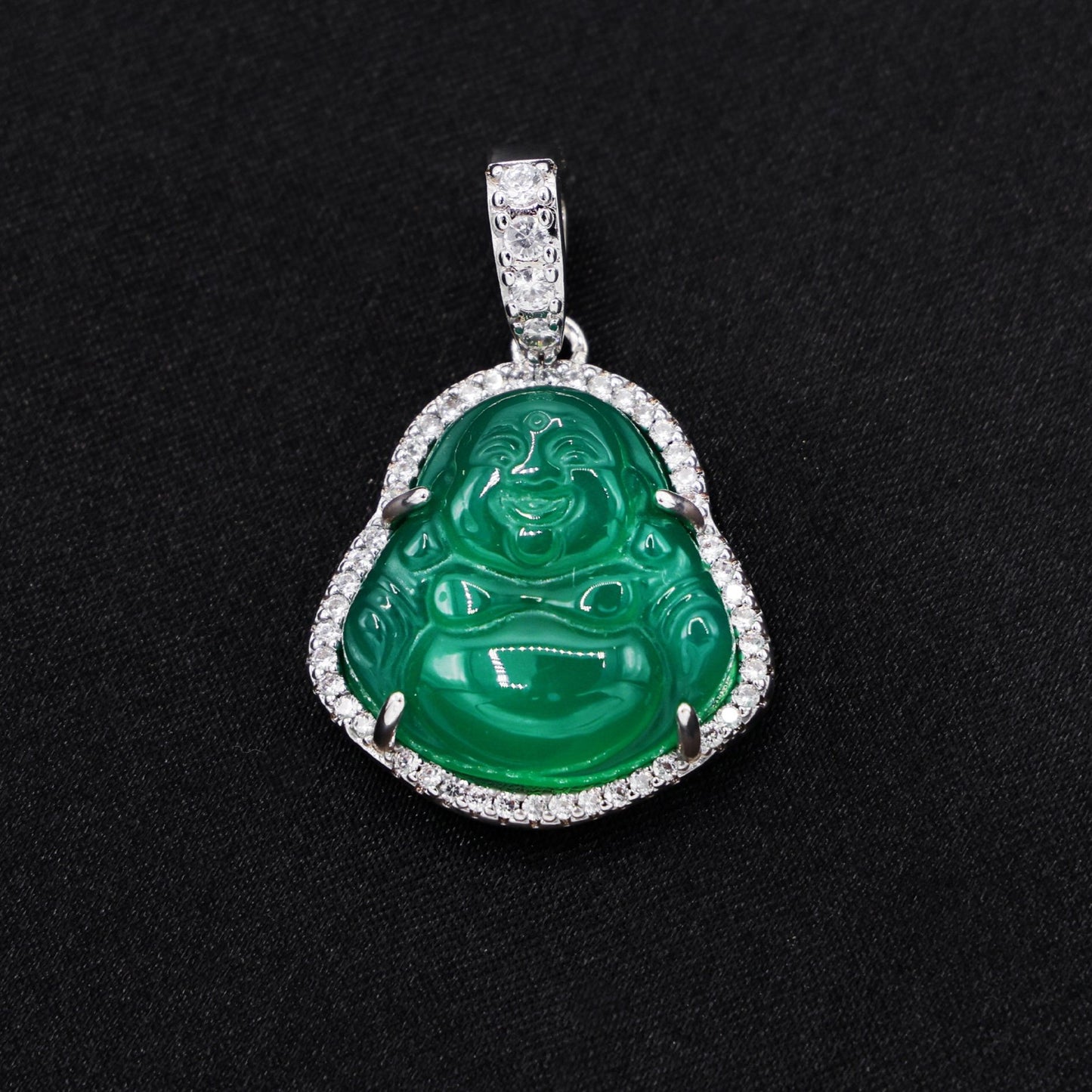 Iced Green Buddha Necklace - White Gold