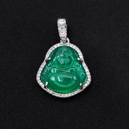 Iced Green Buddha Necklace - White Gold