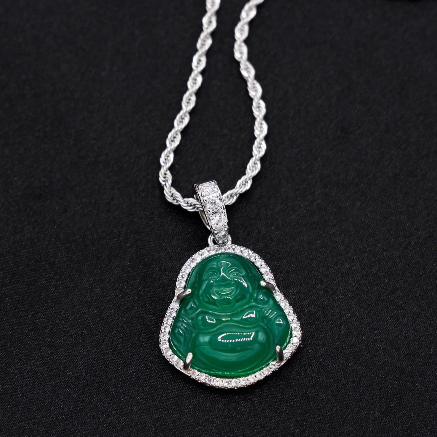 Iced Green Buddha Necklace - White Gold