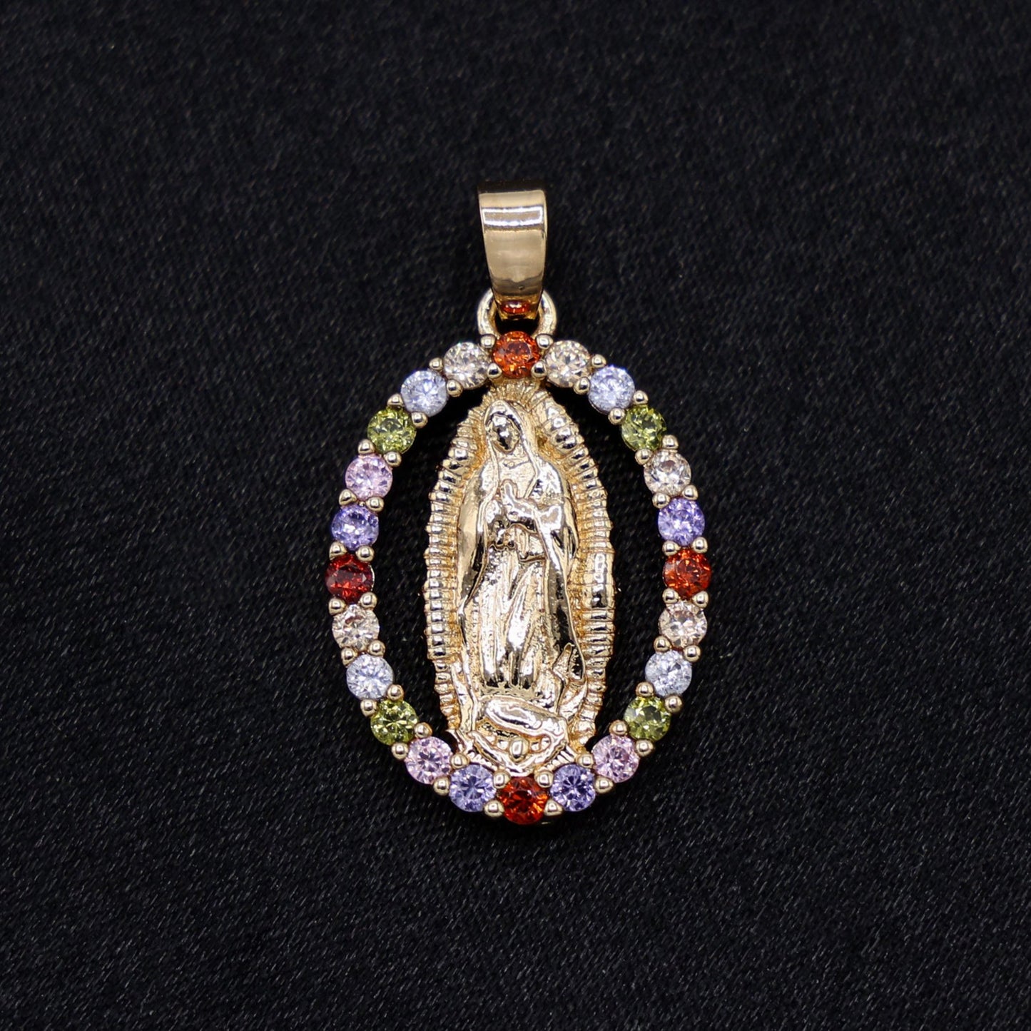 Iced Multi Color Virgin Mary Necklace - Gold