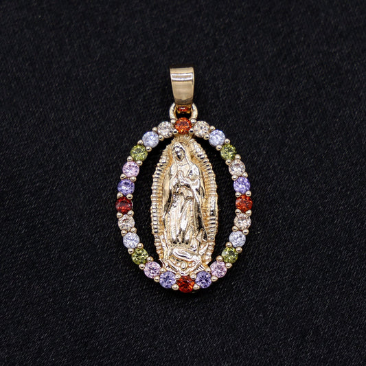 Iced Multi Color Virgin Mary Necklace - Gold