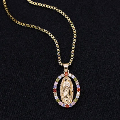 Iced Multi Color Virgin Mary Necklace - Gold