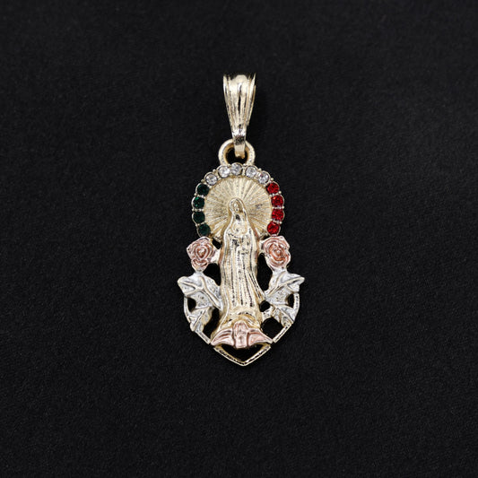 Virgin Mary 3 Tone w /3 Color Stones Necklace - Gold