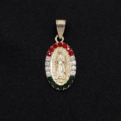 Virgin Mary Oval w/ 3 Color Stones Necklace - Gold