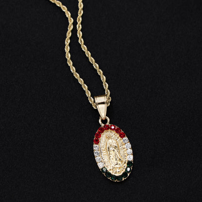 Virgin Mary Oval w/ 3 Color Stones Necklace - Gold