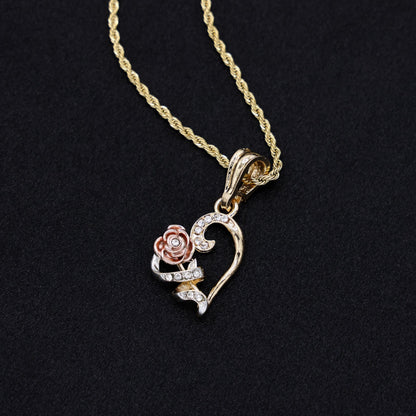 Small 3 Tone Rose Heart w/ Stones Necklace