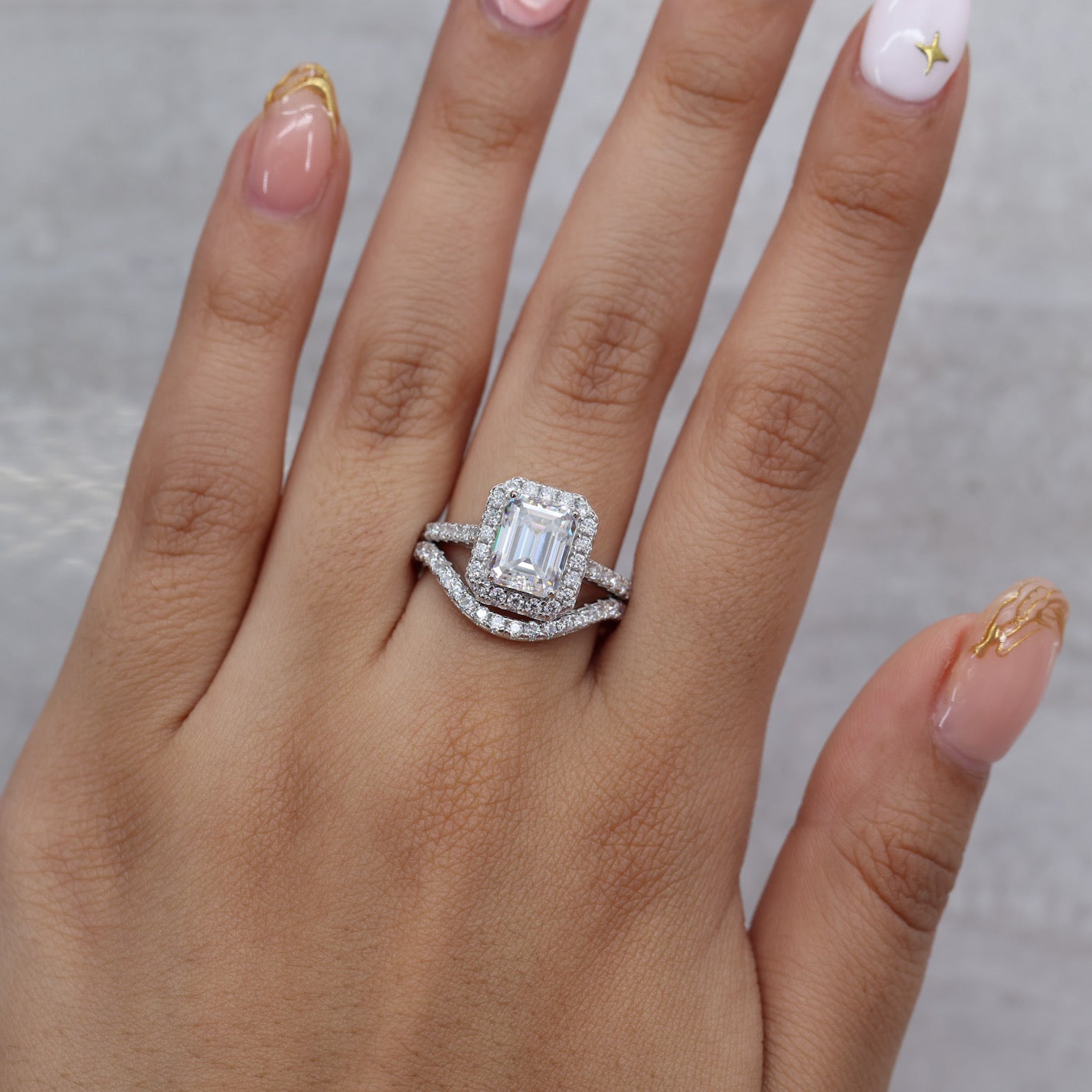 3ct Moissanite Emerald Cut Halo Ring - 925 Silver