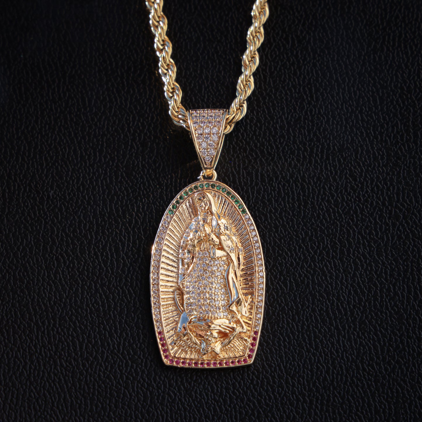 Iced Lady of Guadalupe 3 Color Stone Pendant - Gold