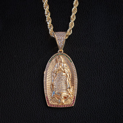 Iced Lady of Guadalupe 3 Color Stone Pendant - Gold