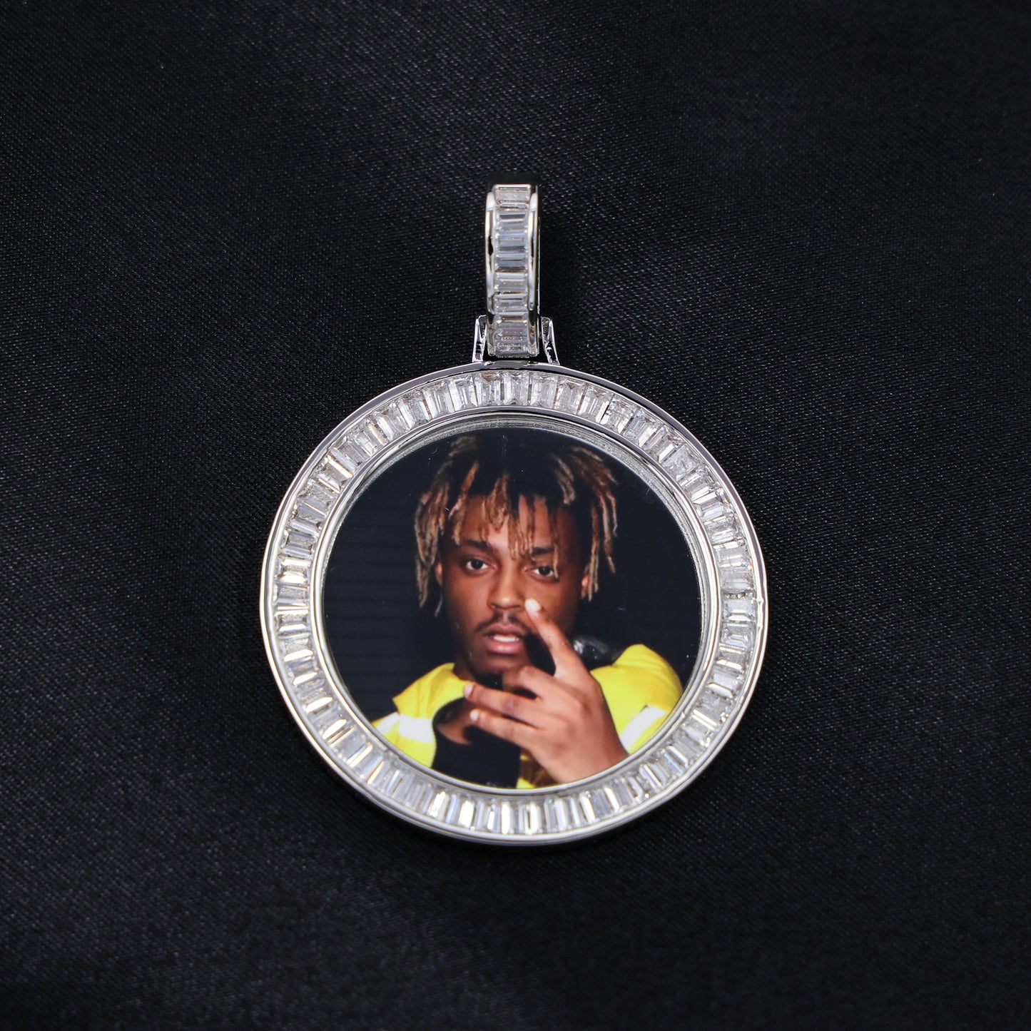 Custom Baguette Circle Photo Pendant - White Gold