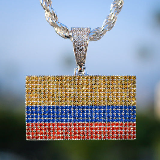 Iced Out Colombia Flag Pendant - Real 925 Silver