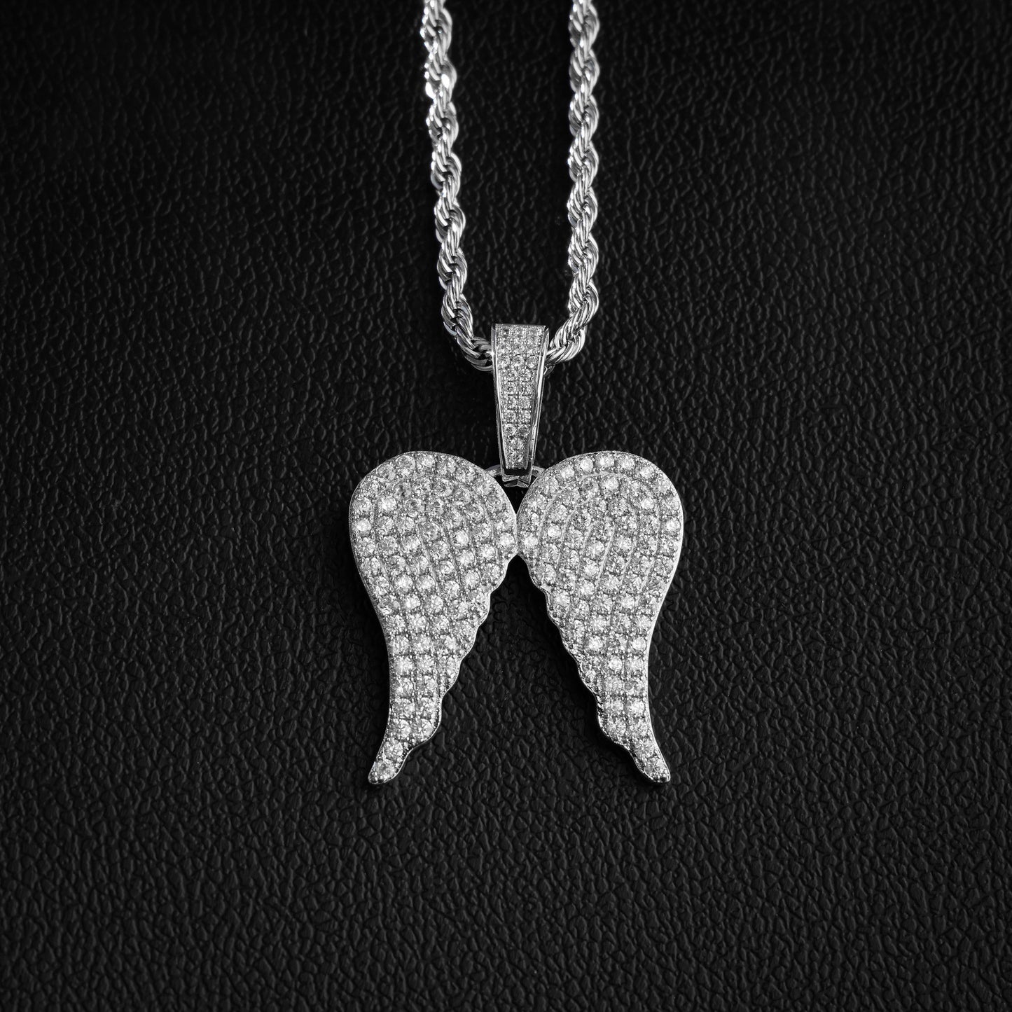 Iced Out Angel Wings Pendant - White Gold