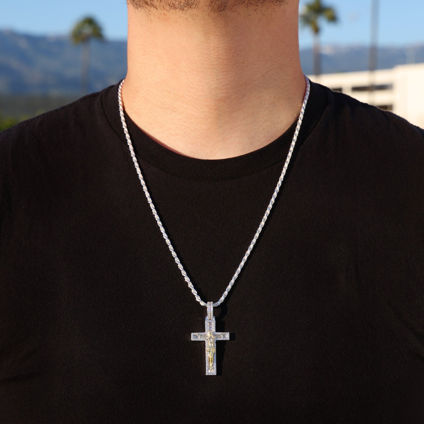 Iced Baguette Crucifix Pendant (2 Tone) - Real 925 Silver