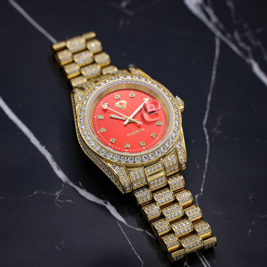 Iced Red Dial Huerta Watch - Gold