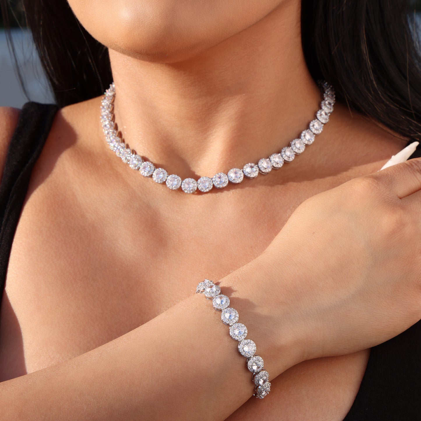 8mm Round Clustered Tennis Necklace + Bracelet Bundle - White Gold