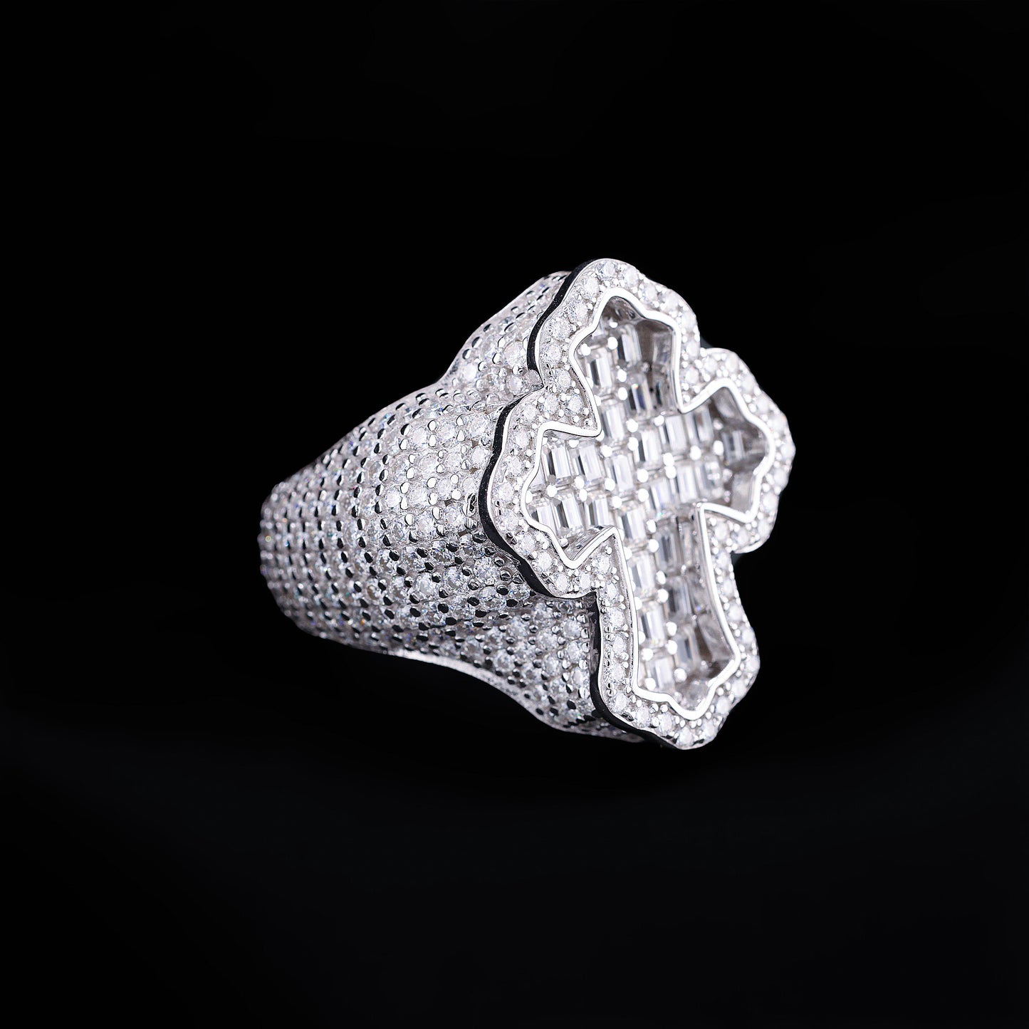 Moissanite Fully Iced Baguette Budded Cross Ring - 925 Silver