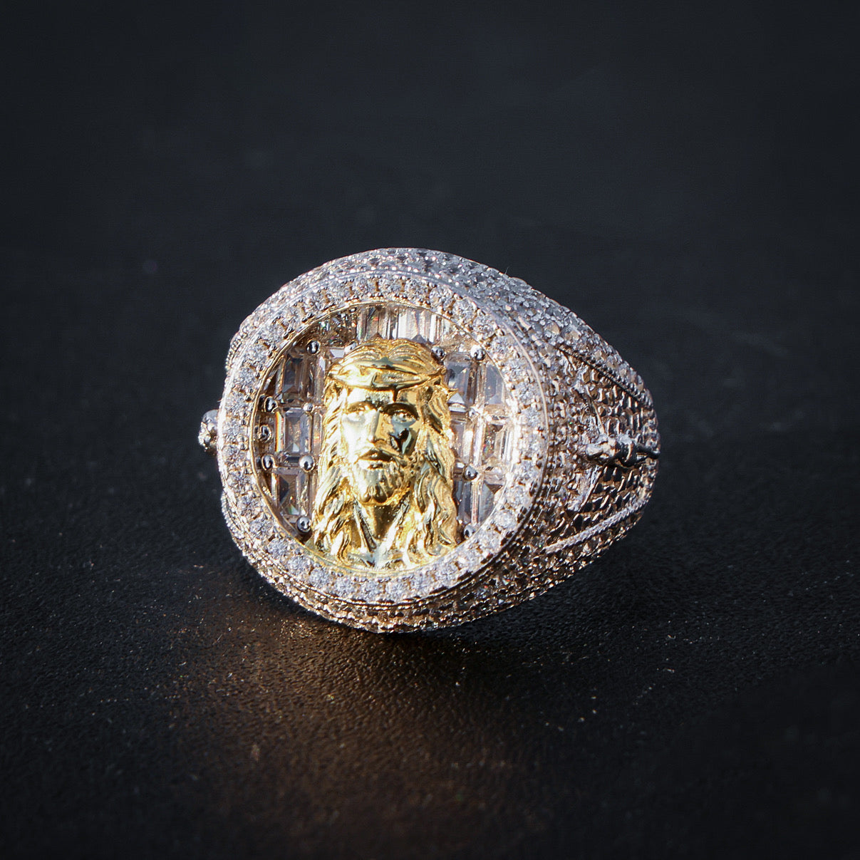 Iced Out Baguette Jesus Head Ring - 925 Silver