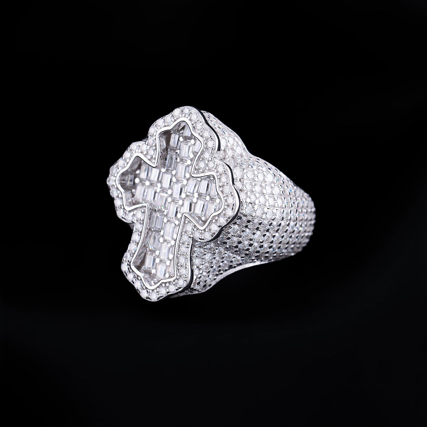 Moissanite Fully Iced Baguette Budded Cross Ring - 925 Silver