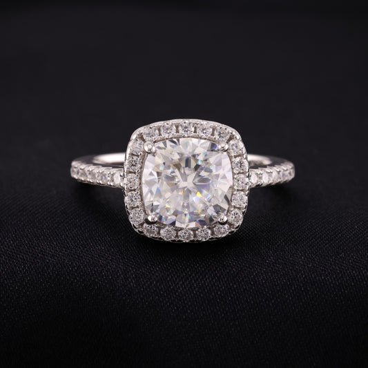 3ct Moissanite Cushion Cut Halo Ring - 925 Silver
